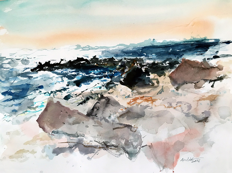 Raoul Middleman watercolor, Breakwater High Tide