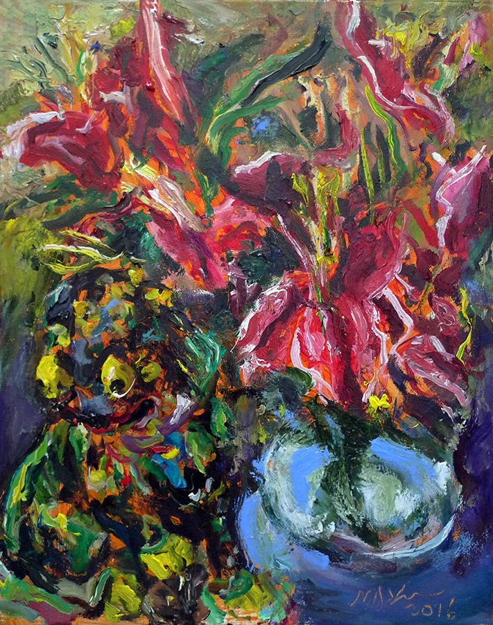 Raoul Middleman painting, Lilies and Fu Dog